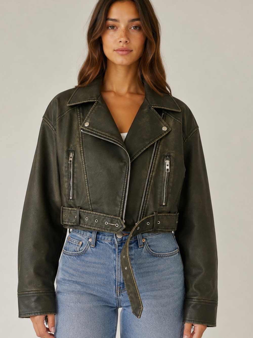 FAHSYEE Dark Olive Faux Leather Moto Biker Jacket Size Small Cropped Belted NWT